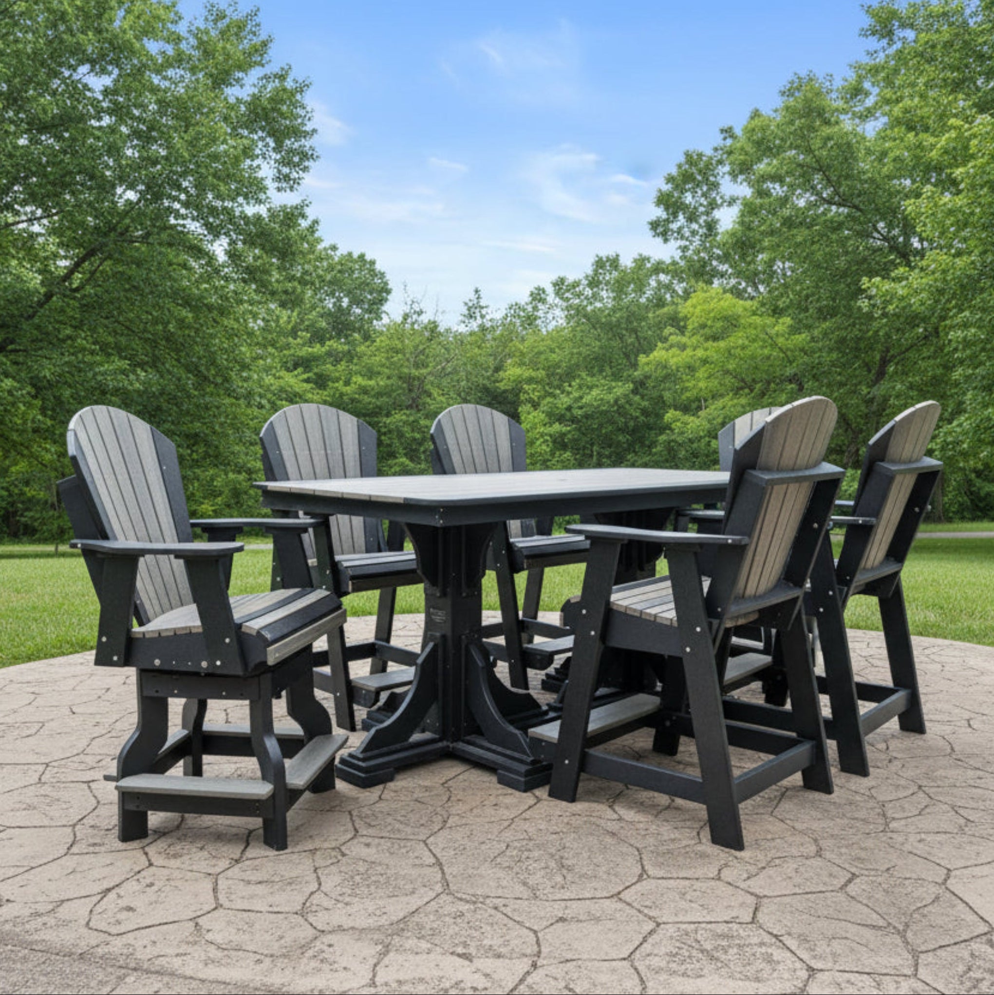 7 piece Poly dining set at counter height in  the backyard on a stone patio