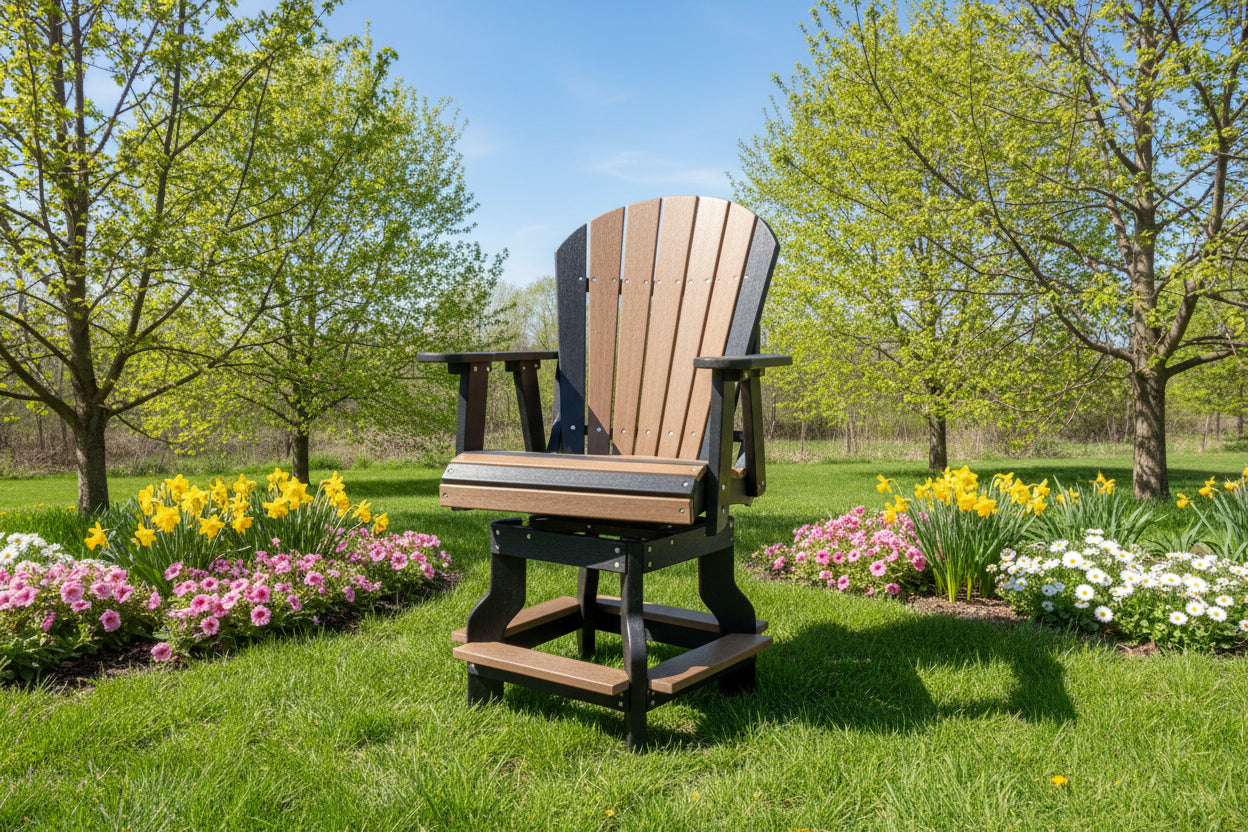 Black and brown outdoor swivel patio chair in a outdoor setting