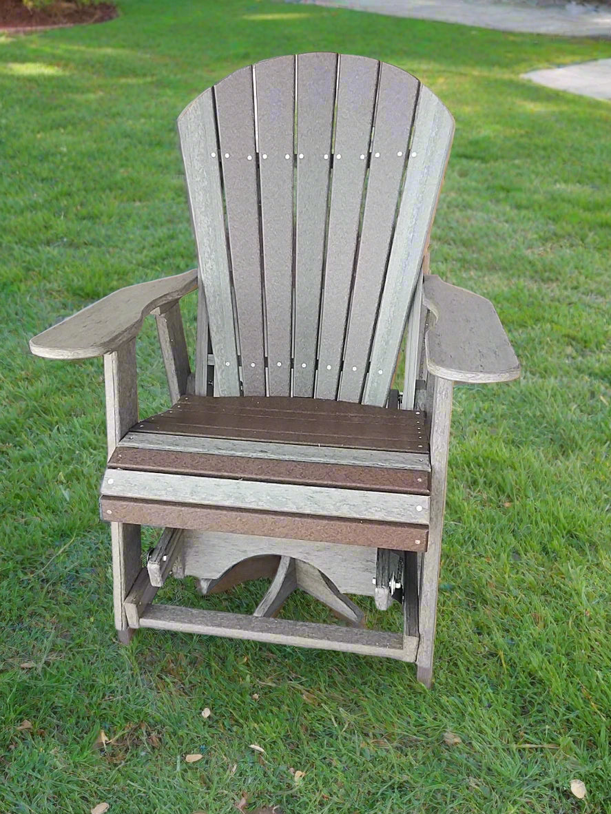 Wooden Adirondack chair on a patio with a blurred background