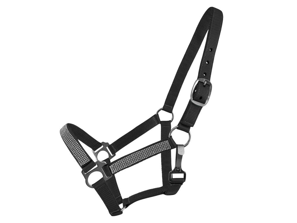 Black Showman premium double-ply nylon pony halter with crystal rhinestones on the noseband and cheeks