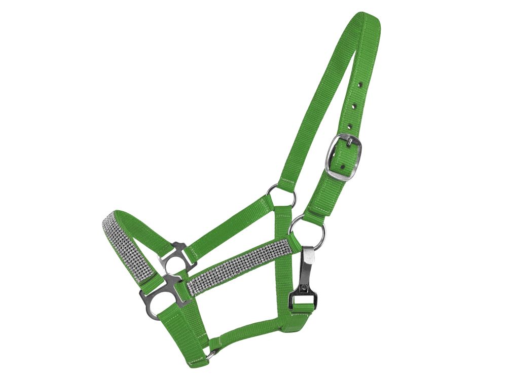 Green Showman premium double-ply nylon pony halter with crystal rhinestones on the noseband and cheeks