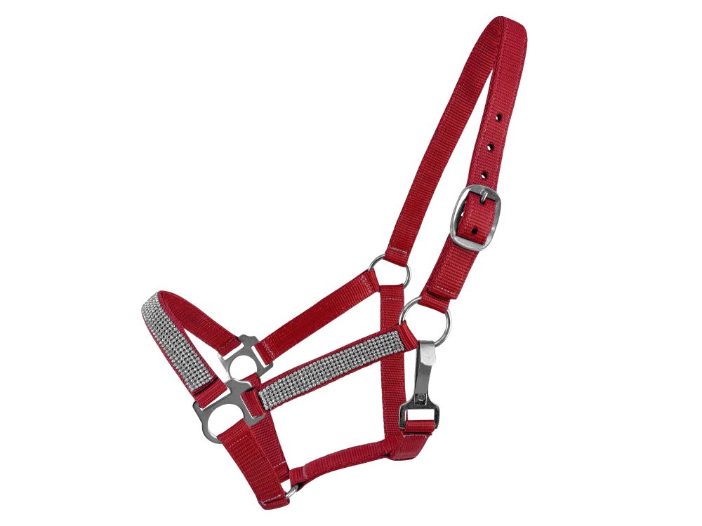 Red Showman premium double-ply nylon pony halter with crystal rhinestones on the noseband and cheeks