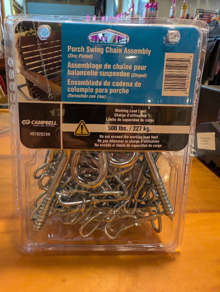 Packaged porch swing chain assembly with Campbell brand label.