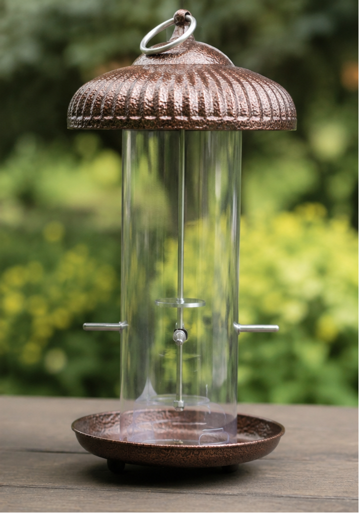 Rustic looking bird feeder shown empty
