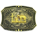 Two-tone Western belt buckle featuring a gold praying cowboy, horse, and cross emblem centered on a antique bronze floral scrollwork background with star accent studs.