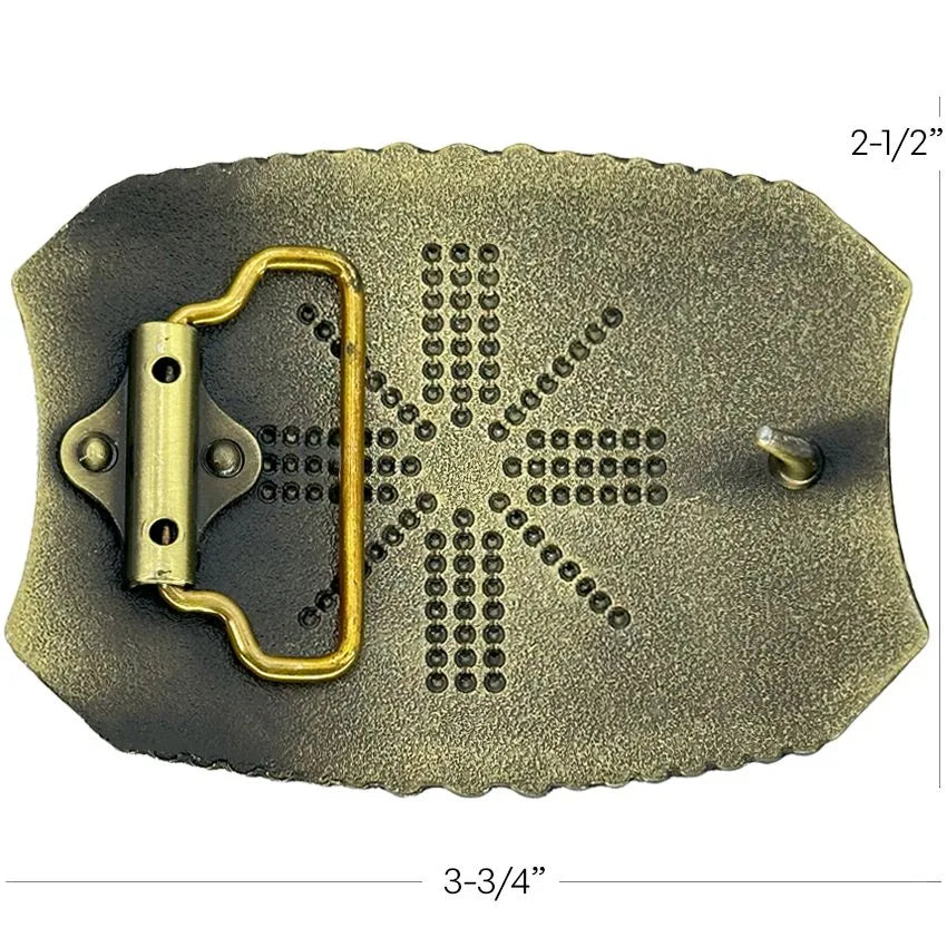 Back view of an antique bronze Western belt buckle showing the loop and pin attachment, with product measurements of 3-3/4 inches wide by 2-1/2 inches high.