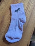 Light purple ankle sock with a black horse .