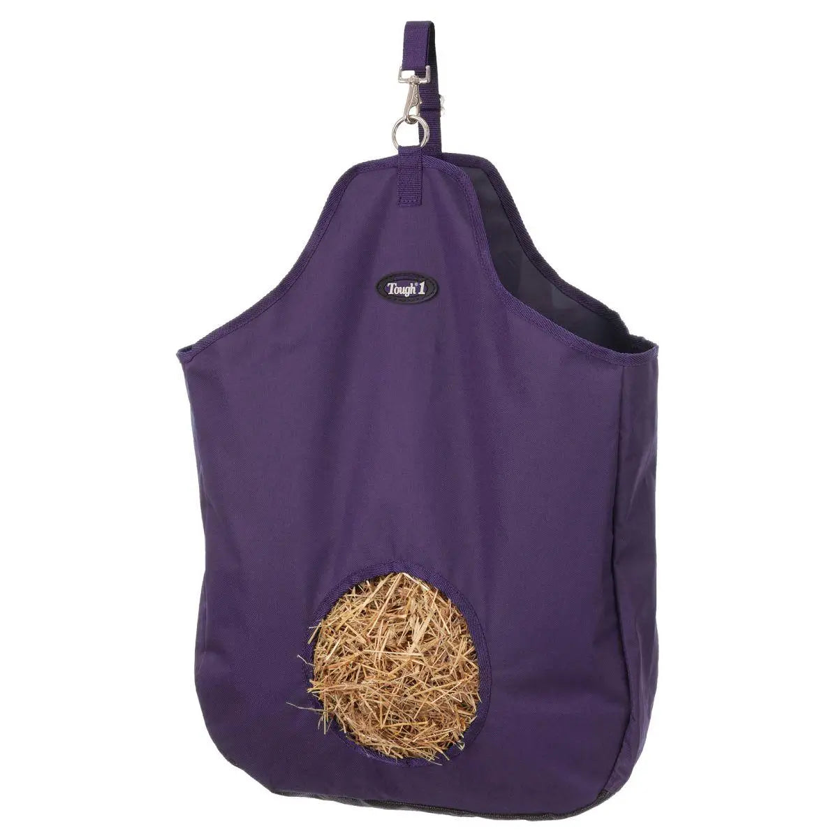 Purple hay bag with hay in it.