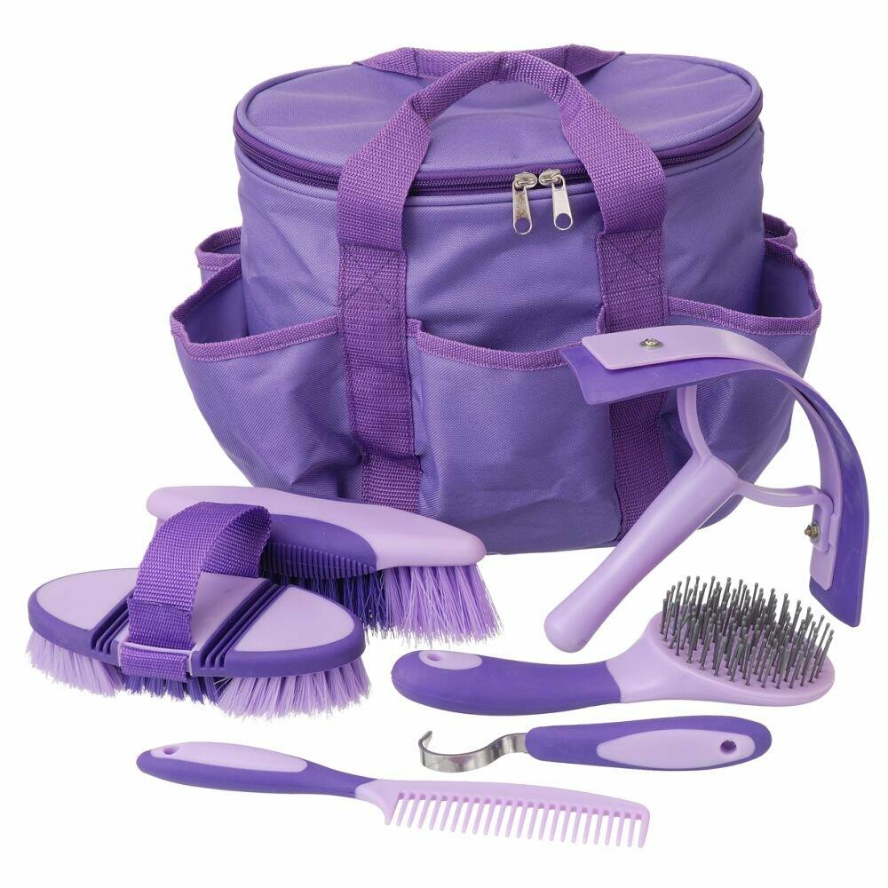Purple grooming bag with various grooming tools on a white background