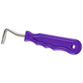 A purple metal hoof pick with an easy-grip poly handle and a hook at the end.