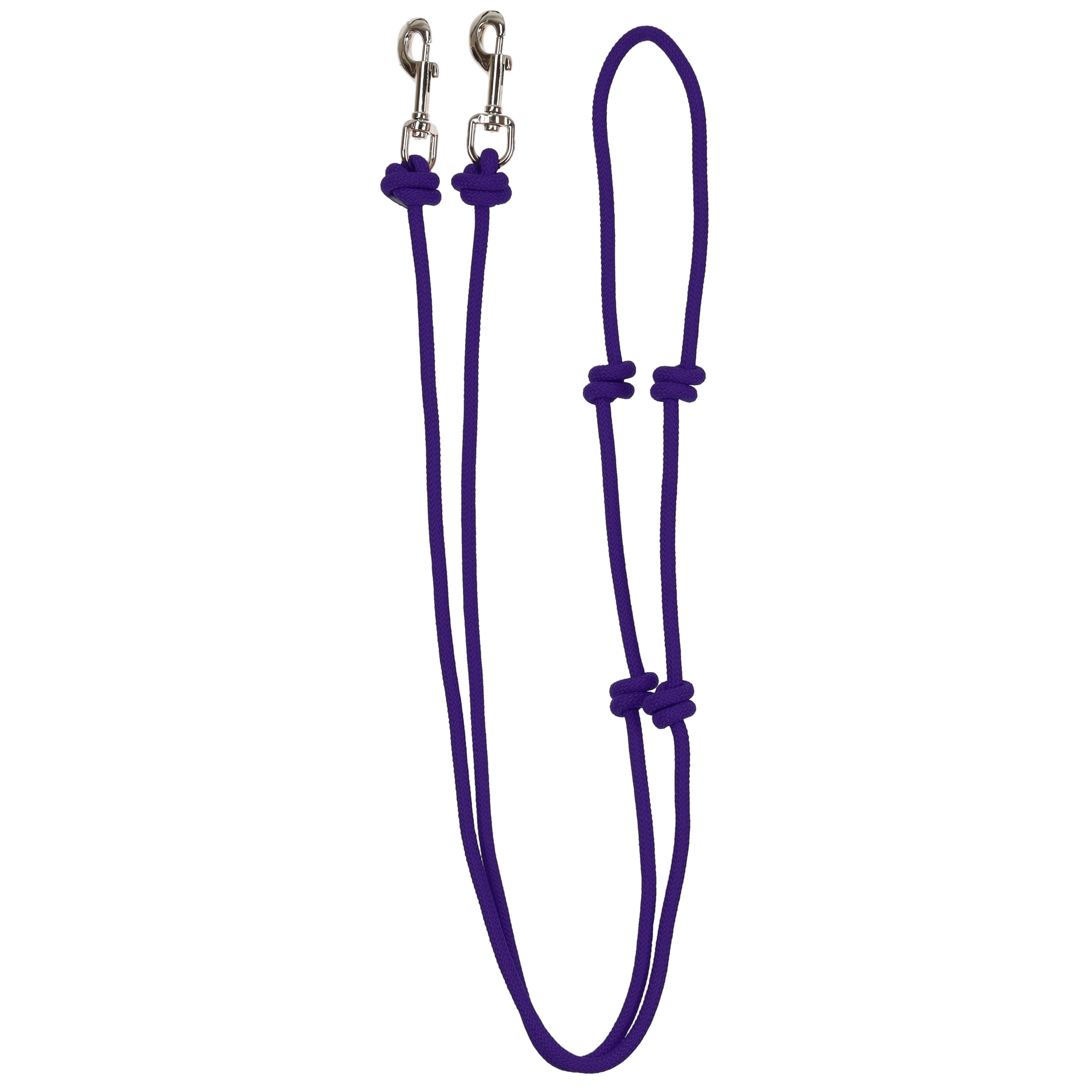Purple Knotted Barrel Racing Rein with snaps and a white background.