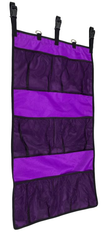 The 3 adjustable nylon straps and buckles make it easy to secure the organizer in place, while the 2 rings provide a convenient hanging option. It is super versatile and can be hung from virtually anywhere - the barn, stall, trailer, or on the fence!