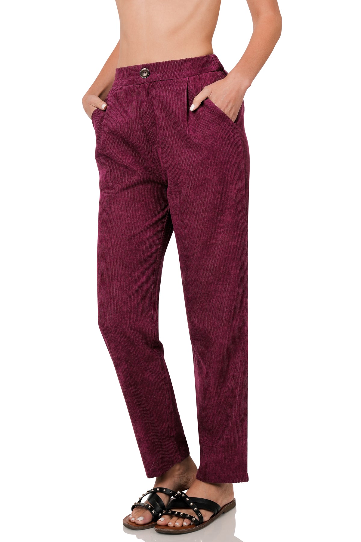 Women’s High Rise Corduroy Pants with Pockets – Elastic Waist, Soft Textured Trousers