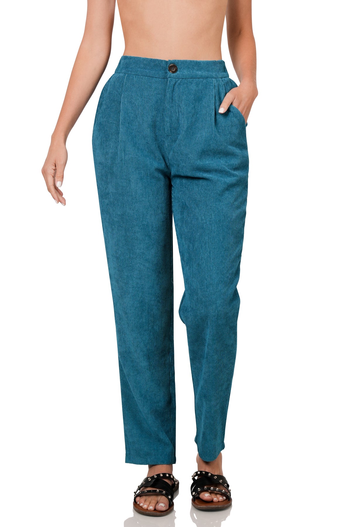 Women’s High Rise Corduroy Pants with Pockets – Elastic Waist, Soft Textured Trousers