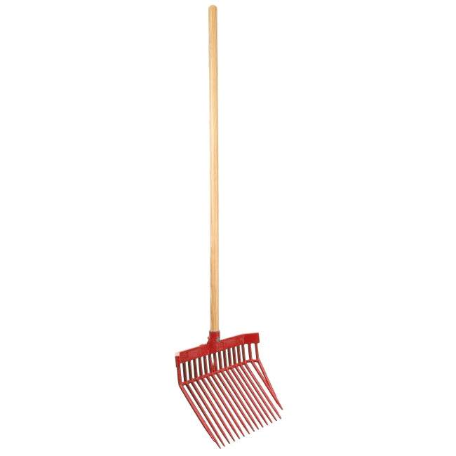 Red garden rake with wooden handle on a white background