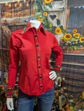 Red Western Show shirt with green and clear jewels. 