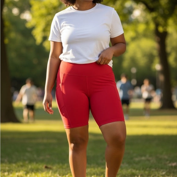 Person wearing a white t-shirt and red shorts standing in a park.
