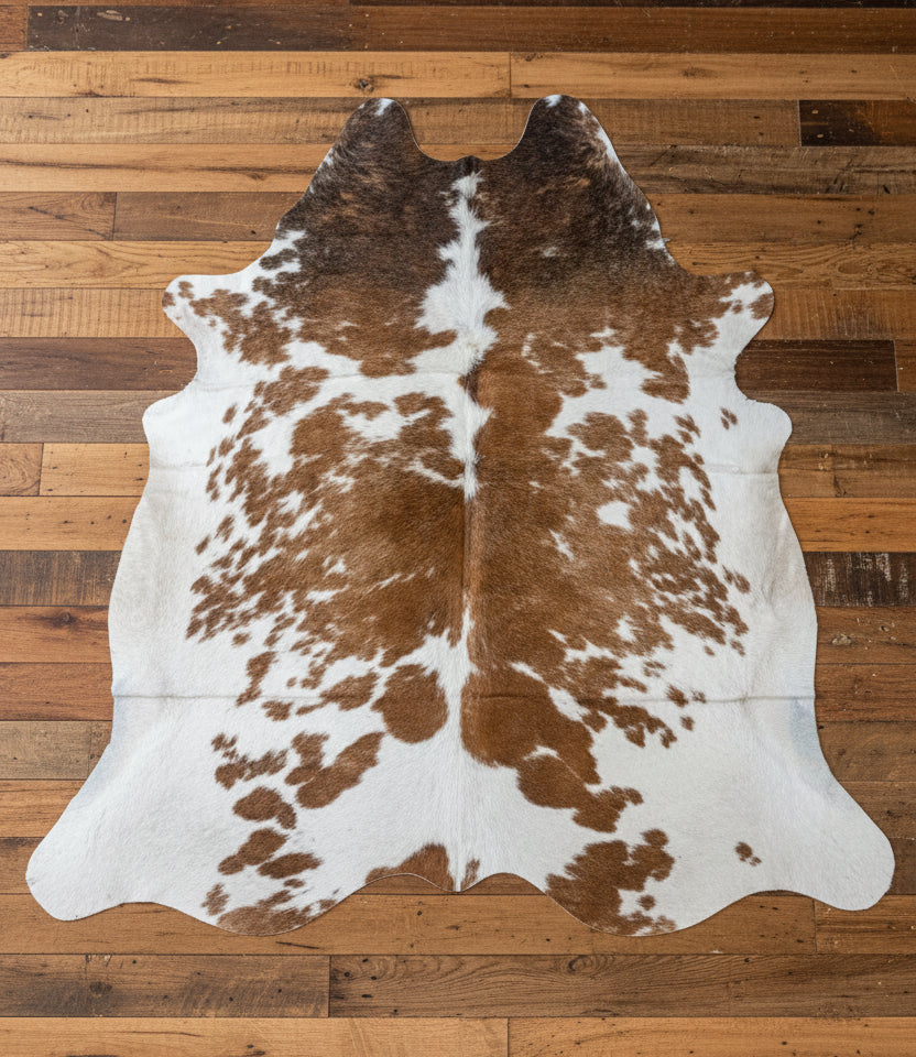Red and white cowhide on a old wood floor