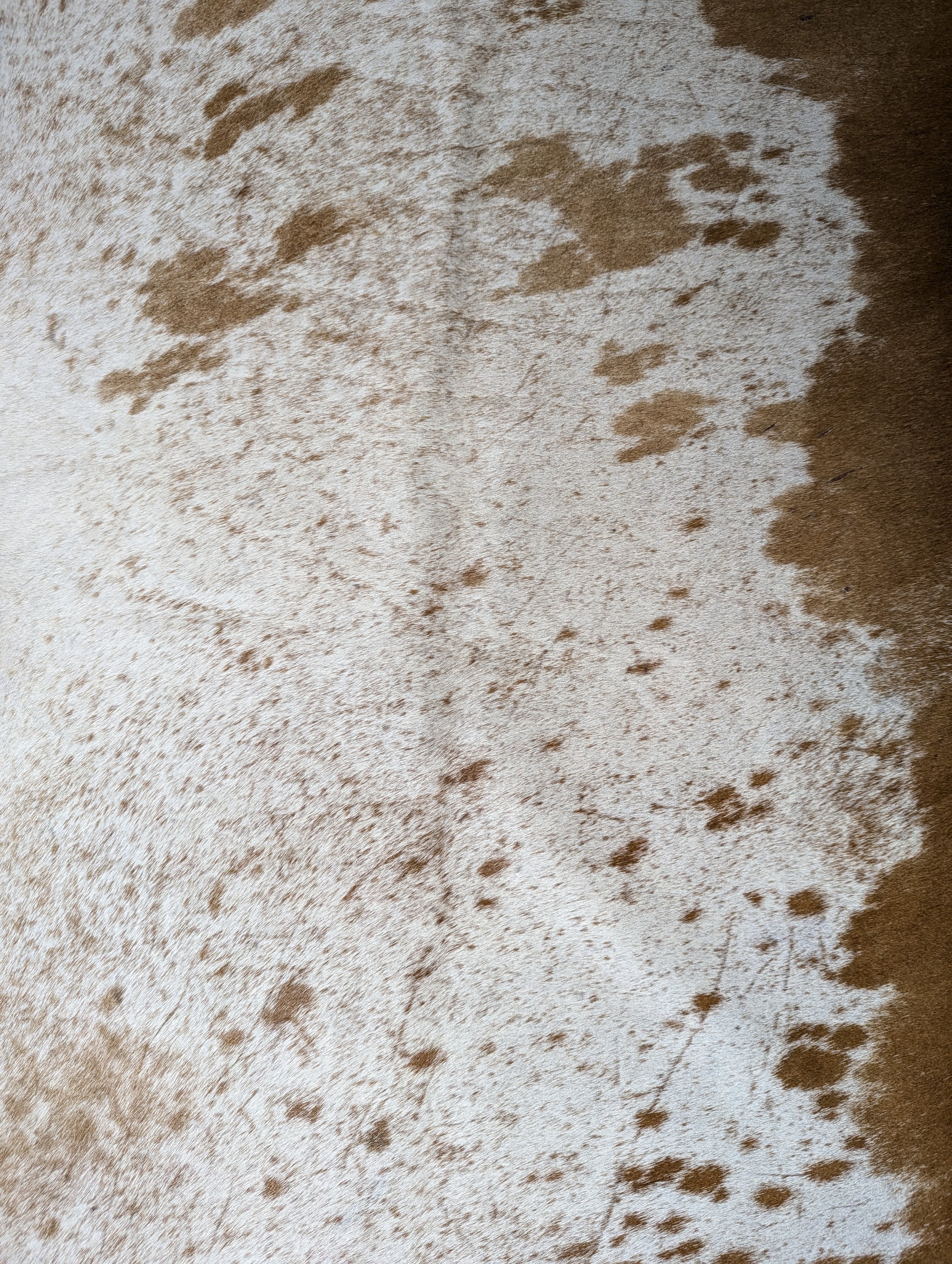 A full cowhide with light brown and white speckled coloration, showing the texture and pattern of the hide.