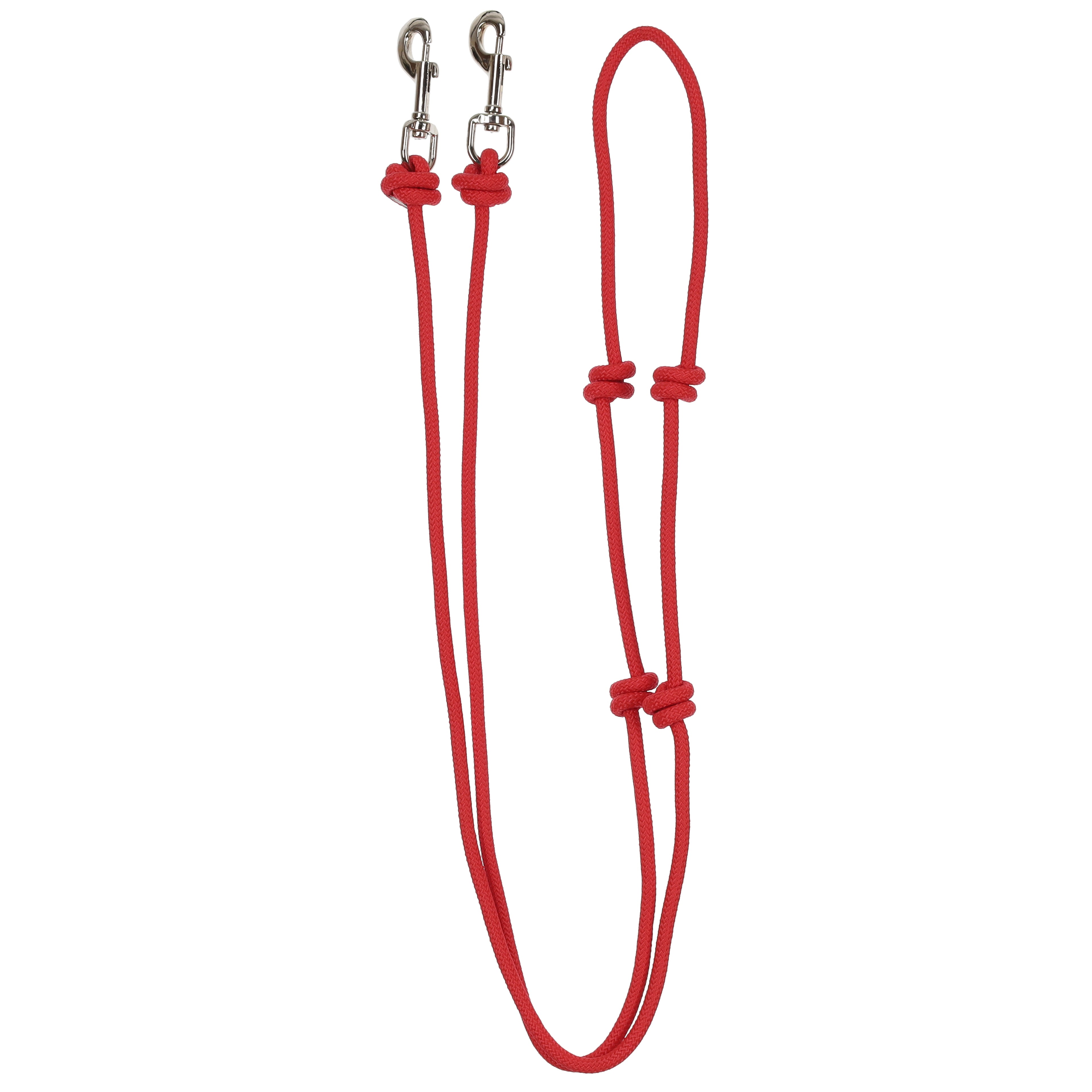 Red knotted barrel racing rein with snaps and a white background.