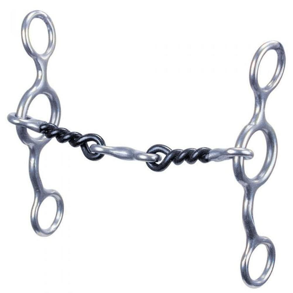 Metal horse bridle bit on a white background