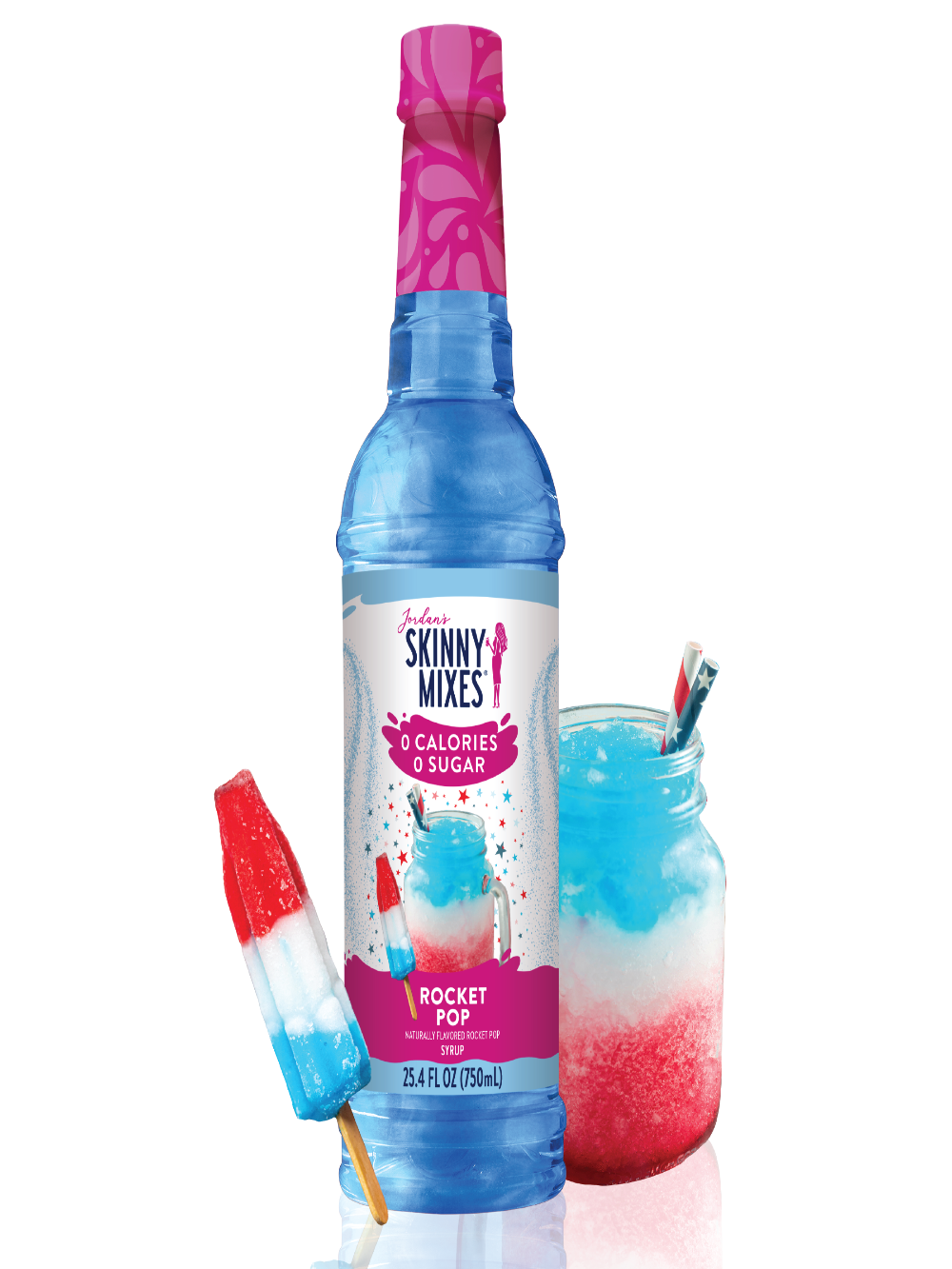 Bottle of Jordan’s Skinny Mix Sugar Free Rocket Pop Syrup on a counter with a red, white, and blue mocktail beside it.