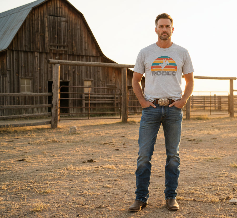 Man wearing graphic tee with rodeo on it with a barn in the back ground. 