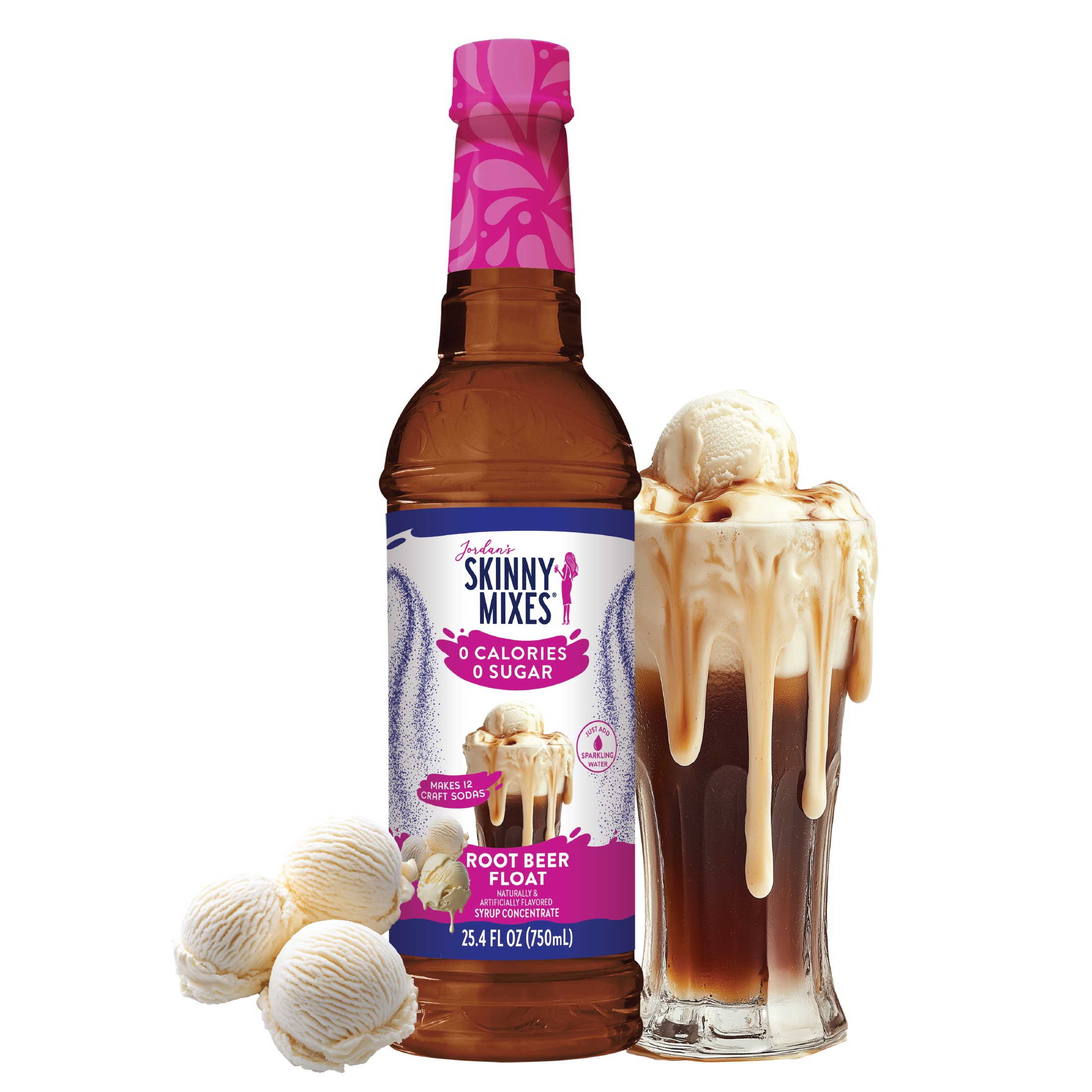Bottle of Skinny Mixes Root Beer Float syrup with ice cream and a glass of root beer float on a white background