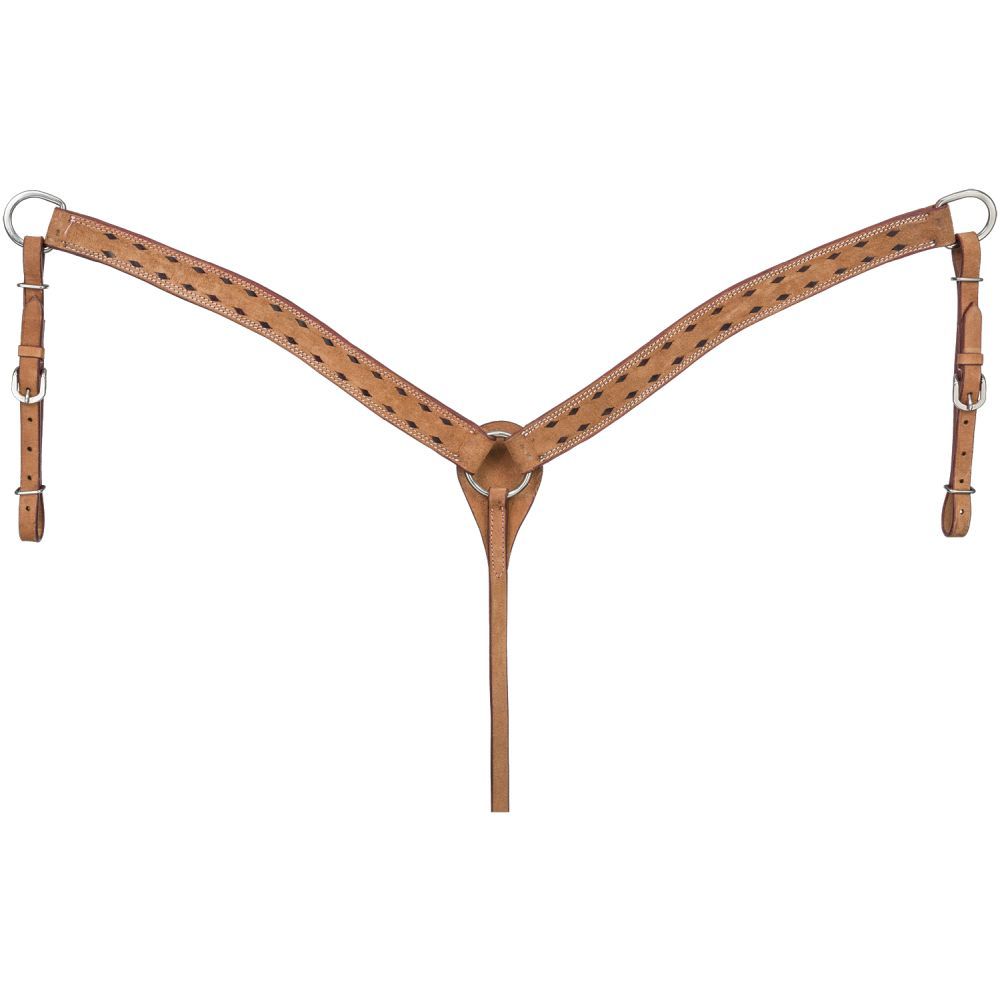 Royal King Branson breastcollar in roughout leather featuring chocolate brown buckstitching and white stitching displayed on white background