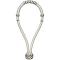 A beige-colored rawhide bosal with black trim, featuring a plaited nose and heel knot.