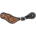 A brown leather spur strap with floral hand tooling and a metal buckle.