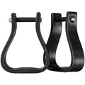 Pair of black plastic stirrups on a white background