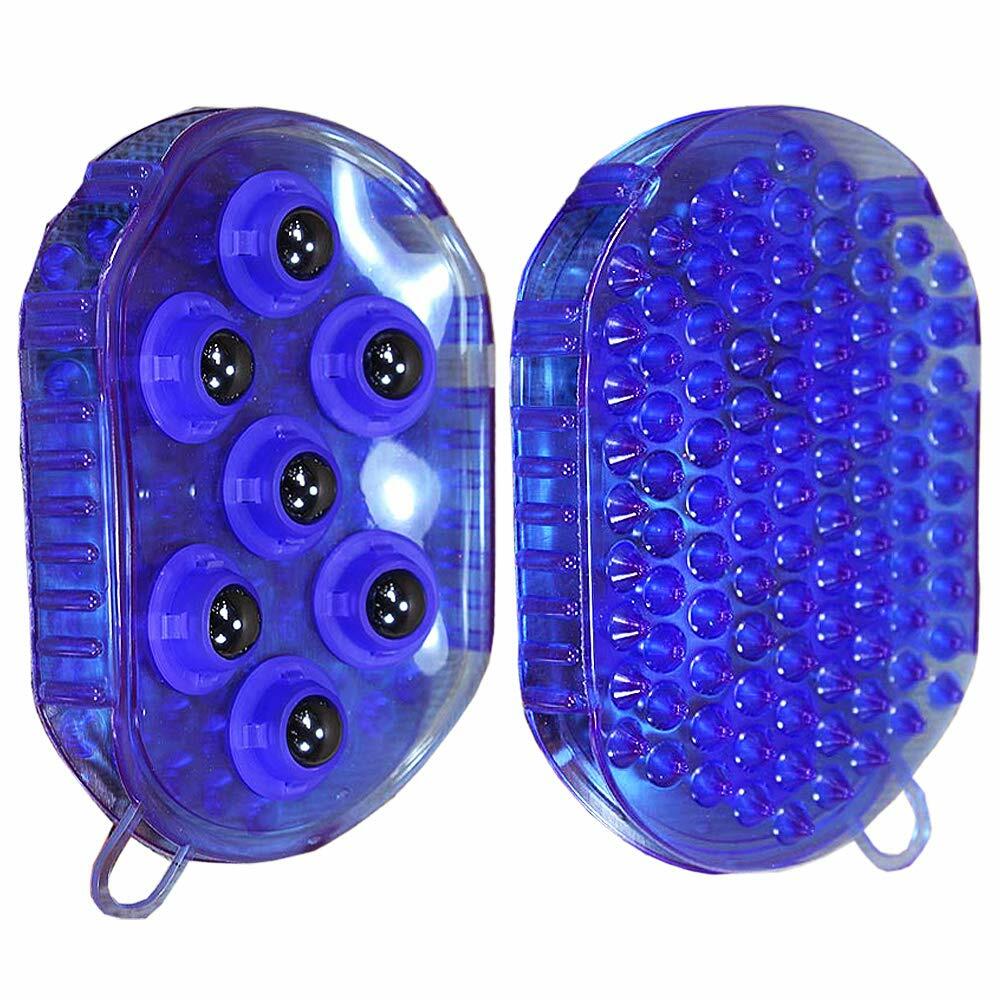 Blue foot massager device with roller and bead design on a white background