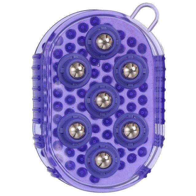 Purple handheld device with multiple circular components on a white background