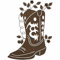 Rustic cowgirl boot wall décor with distressed finish and floral accents hanging on wooden wall