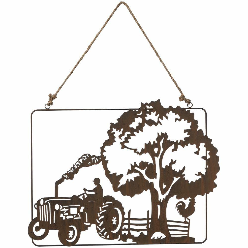 Country farmhouse wall art featuring tractor silhouette and rope hanger