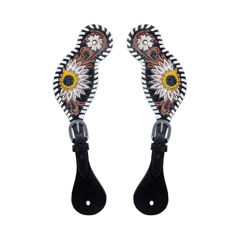 Pair of decorative spur straps with floral patterns on a white background