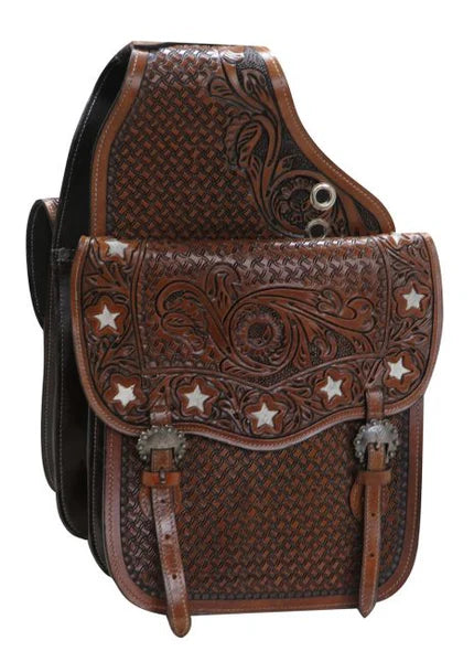 Brown leather saddle bag with intricate patterns and star designs on a white background