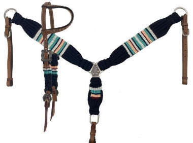 Horse bridle with decorative straps on a white background