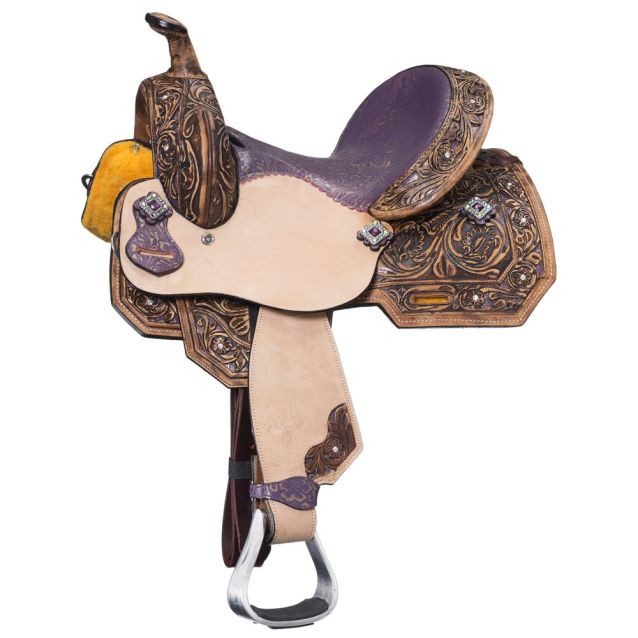 Small western saddle with tooling and purple 