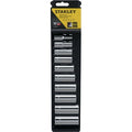 Stanley tool set packaging with multiple sockets on a white background