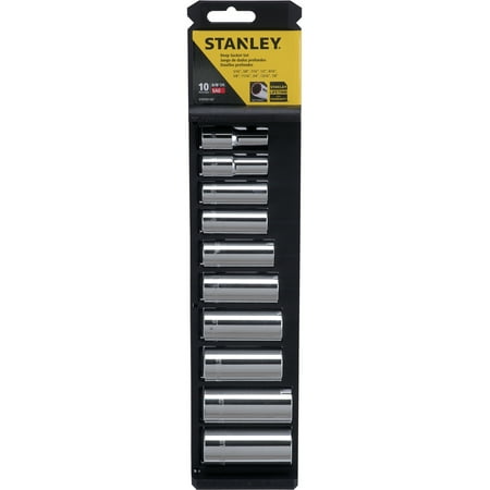 Stanley tool set packaging with multiple sockets on a white background