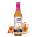 A bottle of Naturally Sweetened Salted Caramel Syrup with a pink cap, labeled 'Skinny Mixes'. The label also features an image of caramel and a prepared beverage.