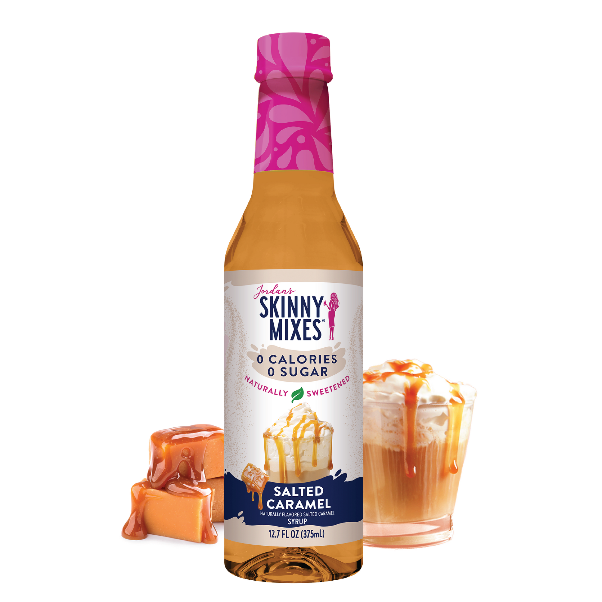 A bottle of Naturally Sweetened Salted Caramel Syrup with a pink cap, labeled 'Skinny Mixes'. The label also features an image of caramel and a prepared beverage.