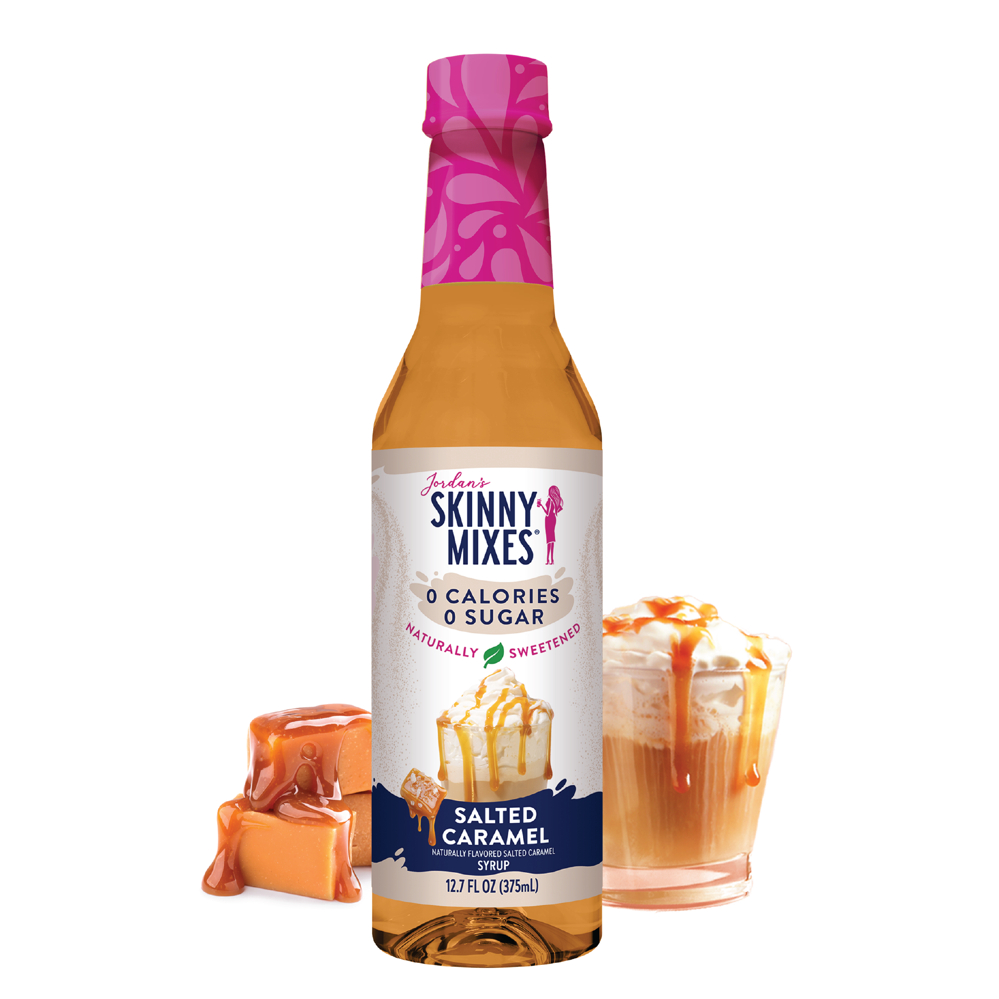 A bottle of Naturally Sweetened Salted Caramel Syrup with a pink cap, labeled 'Skinny Mixes'. The label also features an image of caramel and a prepared beverage.