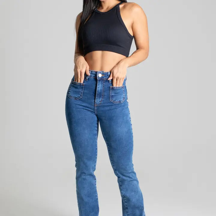 Sawary Mid-Rise Boot Cut Jeans in Cobalt Blue