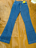 Sawary flare leg jeans with a brown background.