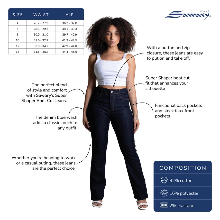 Chart for Sawary jeans from size 4-14