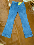 A pair of cobalt blue mid-rise boot cut jeans displayed,