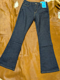 A pair of high-waisted boot cut jeans with a visible tag on the thigh.